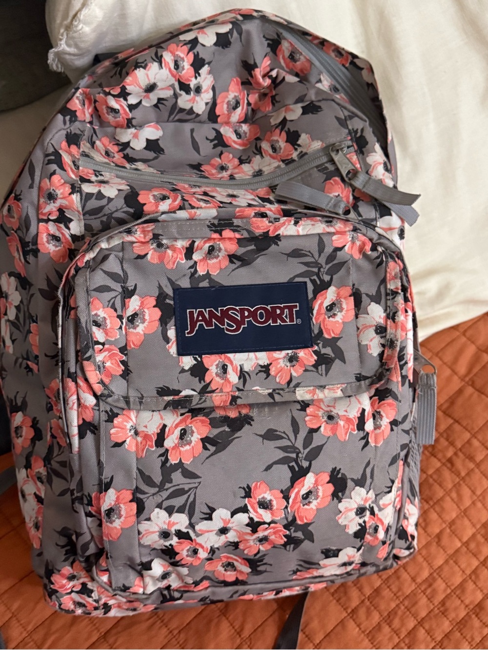 Jansport Gray Backpack with Coral Floral Print